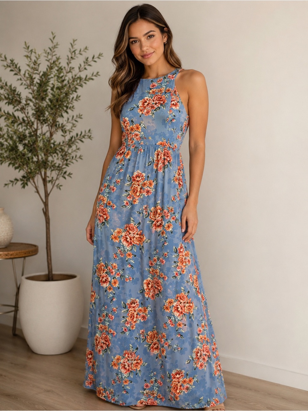 Sky Blue Floral Halter Maxi Dress with Orange Bloom Print